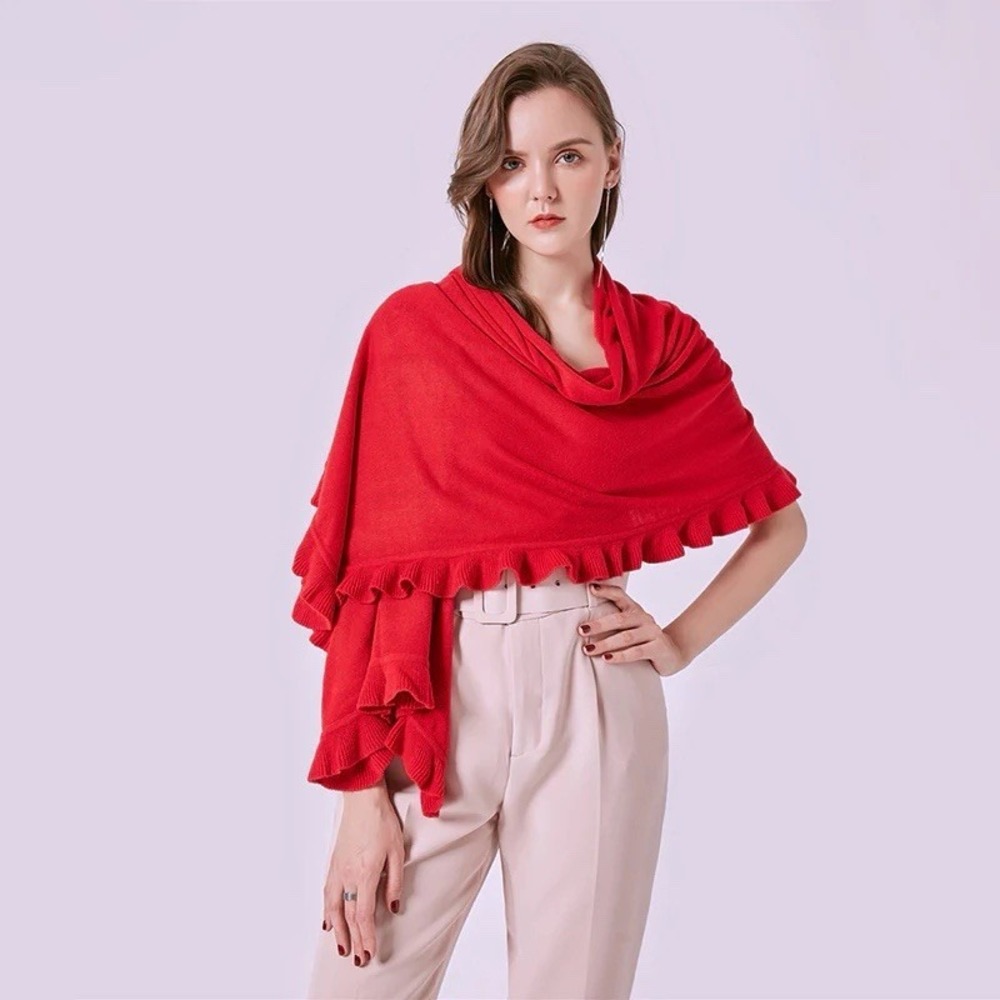 Cashmere Scarf Wrap Red Knit Ruffle Edge Trim Holiday Soft HOLES REPAIRS 88"x26"